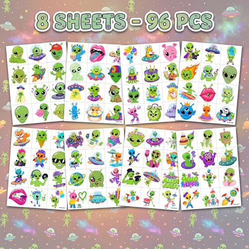 96 PCS Alien Temporary Tattoos for Kids - Waterproof Party Favors