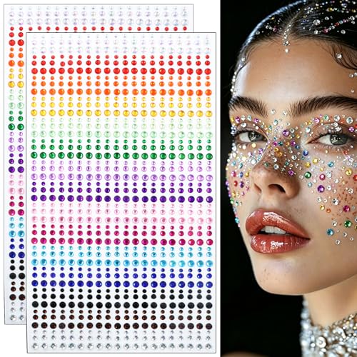 1800pcs Rainbow Self-Adhesive Face Gems Rhinestone Stickers