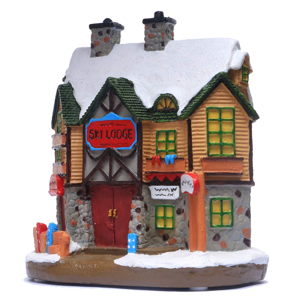 QPURP Christmas Village House, Polyresin Lighted Winter Ski Lodge Scene Decoration Christmas Ornament