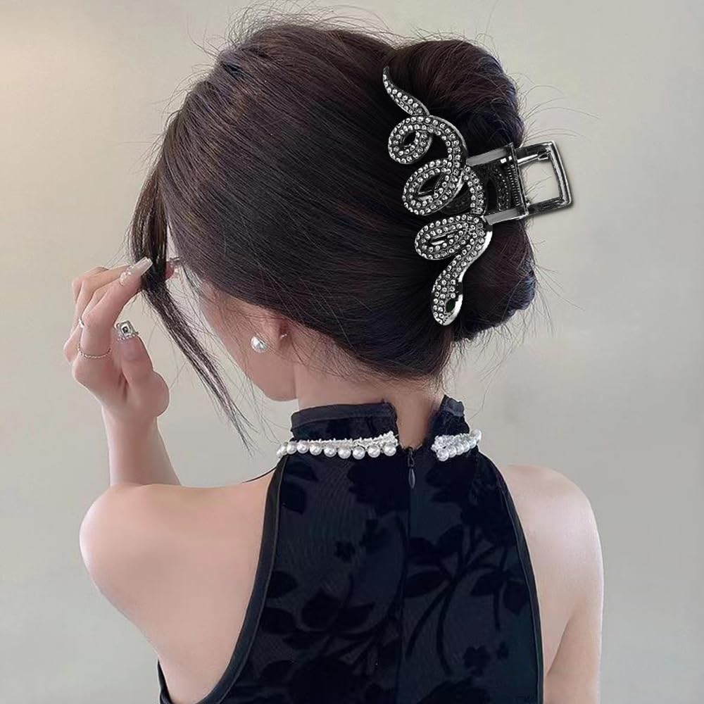 Snake Hair Clips Claw for Thick Hair for Women Halloween Hair Accessories Clips Non-slip Gothic Metal Black Hair Claw Clips Rhinestone French Hair Barrettes for Hair Styling 1Pcs