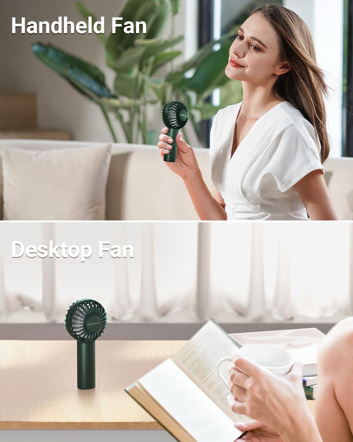 SWEETFULL Mini Portable Fan Powerful Handheld Fan Rechargeable,3 Speeds Personal Small Hand Fan for Travel Makeup Eyelash Fan for Stylish Kids Girls Women USB Cute Design, Dark Green