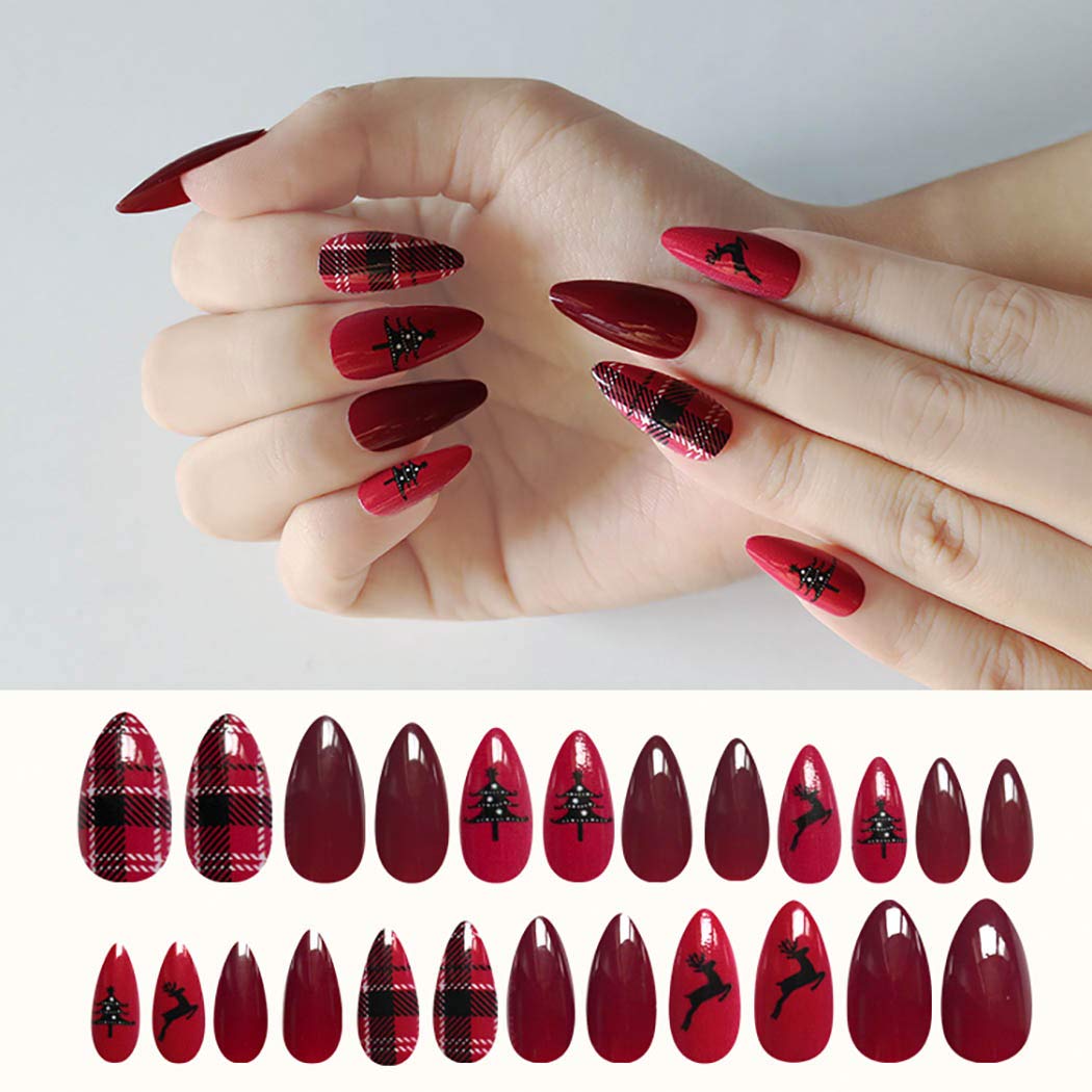 Gangel Red Matte False Nails Xmas Fake Nail Full Cover Christmas Long Fake Nails Snow Deer Acrylic Press on Nails Daily Wear Gifts for Women and Girls 24Pcs (RED LATTICE)