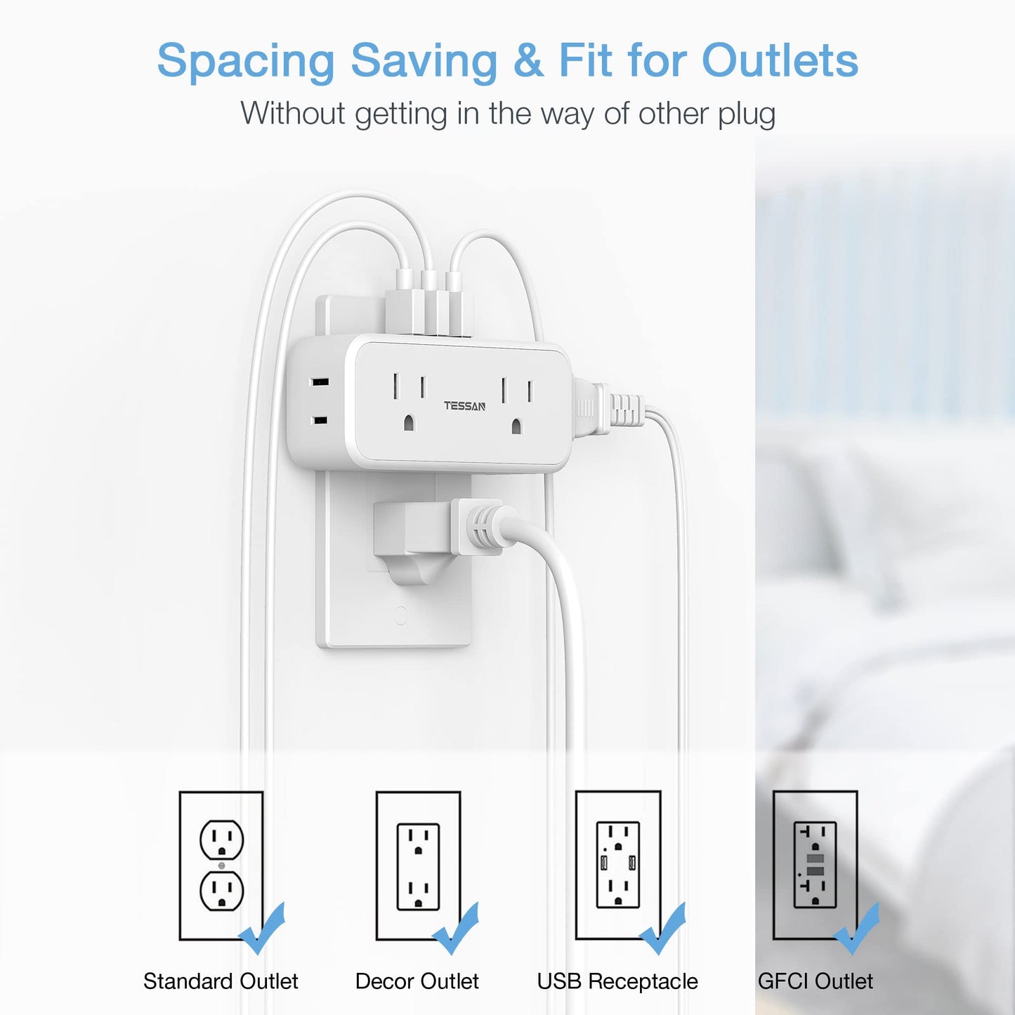 Multi Plug Outlet Splitter with USB, TESSAN 4 Electrical Multiple Outlet Extender with 3 USB Ports, Mini Double Plug Expander Surge Protector for Home, Office, Kitchen, Dorm Essentials, White