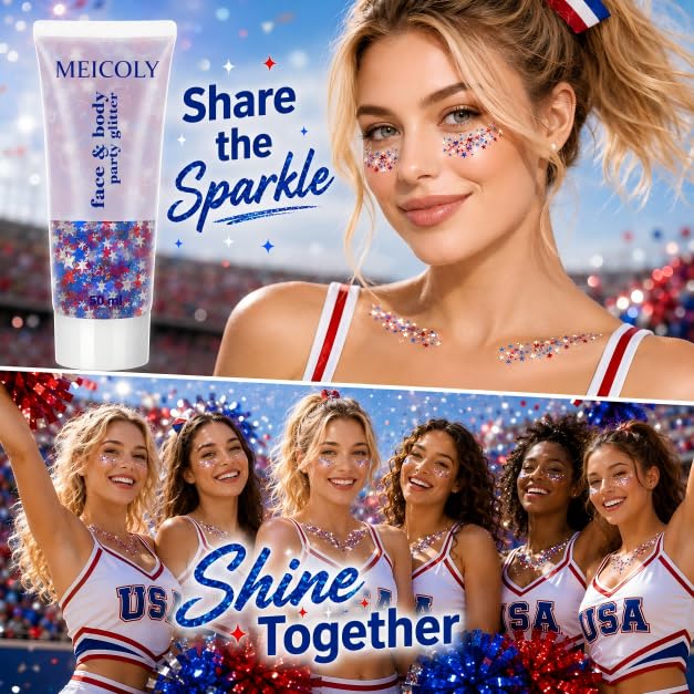 MEICOLY 50g Red White Blue Star Body Glitter - 4th of July