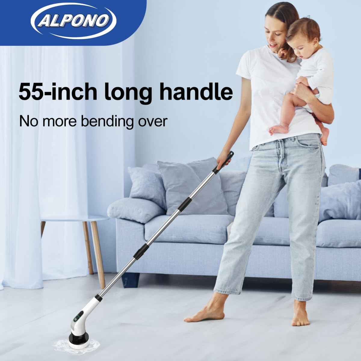 ALPONO Electric Spin Scrubber with Long Handle: Cordless Power Shower Scrubber - Spin Brush with 7 Brush Replacement Heads for Cleaning Bathroom,Tub, Tile, White, ALPONO-A11