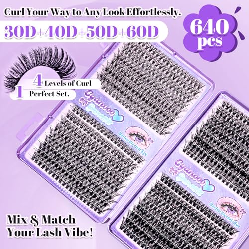 DIY Lash Extension Kit 640pcs 30D 40D 50D 60D Curl 9-16mm Fluffy Wispy Individual False Lashes Reusable Natural Look with Dual-End Bond Seal Glue and Tweezers for Daily Wear At Home Beginners