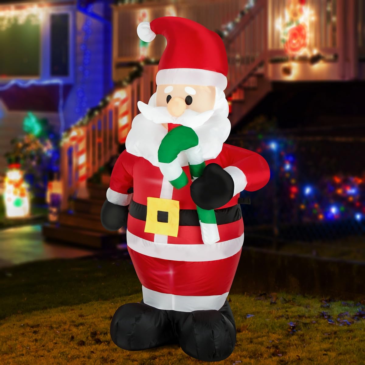 FARONZE Christmas Inflatable Santa Claus Holds Candy Cane Lighted Indoor & Outdoor Christmas Yard Lawn Blow-Up Decoration with Built-in Fan and Anchor Ropes 4 Feet Tall (Santa Holds Candy Cane)