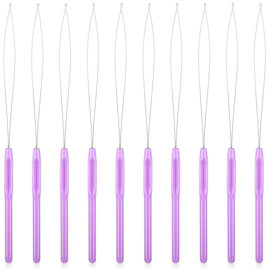 10 Pieces Hair Extension Loop Needle Threader Pulling Hook Tool and Bead Device Tool Loop Threader for Hair or Feather Extensions (Purple)