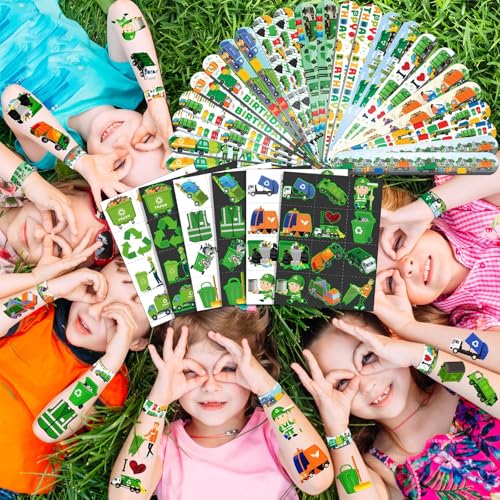 Garbage Truck Party Favors Set - 72 Tattoos & 24 Slap Bracelets