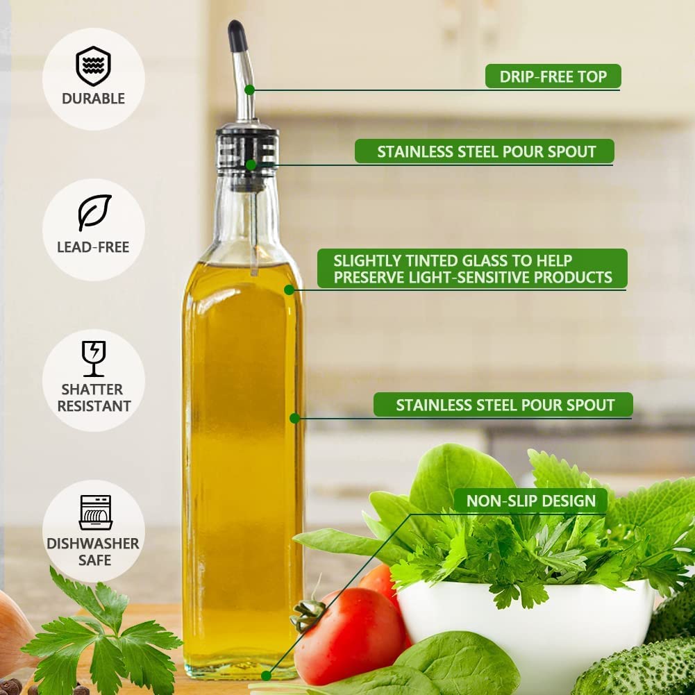 Leaflai Olive Oil Dispenser Bottle, 1 Pcs Glass Olive Oil Dispenser and Vinegar Dispenser Set with 2 Stainless Steel Pourers, 2 Labels,1 Brush and 1 Funnel Oil Bottles for Kitchen (500ml)