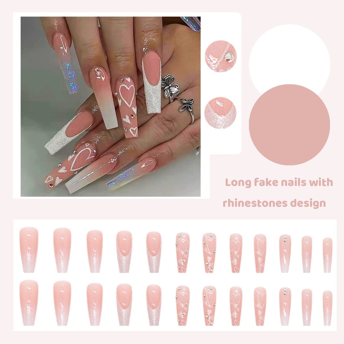 FOAMEE Cute Press on Nails Long Coffin Fake Nails Glitter Sequins Glue on Artificial Nails Rhinestones Glossy False Nails for Women