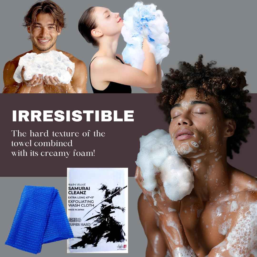 Samurai Cleanz, Resistant Exfoliating Washcloth for All Skin Types, Exfoliating Shower Towel, Premium Japanese washcloth, Deep Cleanse for Body Face, Quick Drying, Extra Long Design - Made in Japan