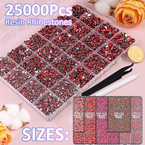 Red Resin Rhinestones 2-6mm Flatback Gems for DIY Crafts & Nail Art 25000pcs