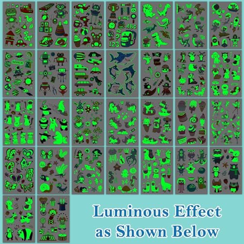 Luminous Temporary Tattoos for Kids, 380 Mixed Designs (30 Sheets)
