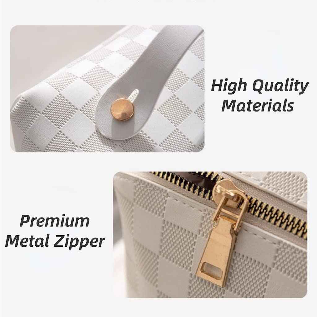 BIVIZKU Large Capacity Brown Checkered Makeup Bags Portable Travel Cosmetic Bags Open-Flat Toiletry Bag for Women Girls Make Up Organizer with Divider Pouch Zipper Bag (white-checkered)