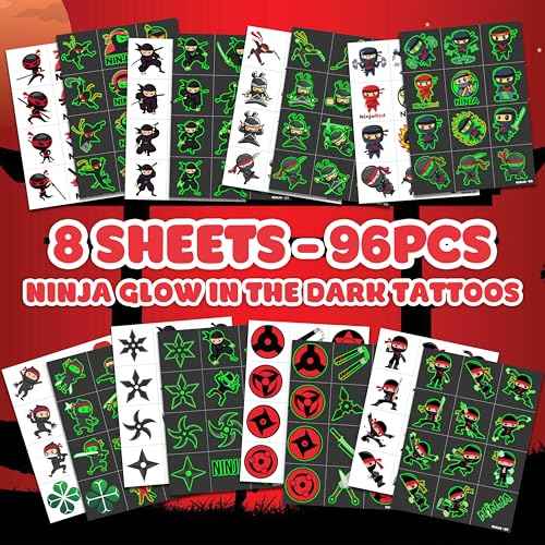 96 PCS Ninja Pre-Cut Luminous Temporary Tattoos for Kids Birthday Themed Party Supplies Decorations Favors 8 Sheets Decor Super Cute Cartoon Stickers Tattoo School Rewards & Gifts for Boys & Girls