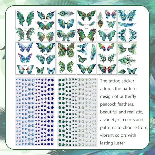 Butterfly Temporary Tattoos with Rhinestone Face Gems - 14 Sheets
