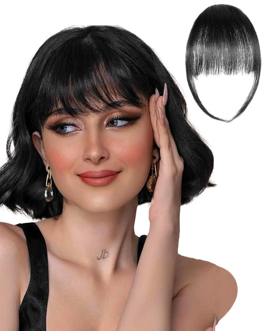 Rosooi Curtain Bangs Human Hair Clip in Bangs for Women Natural Black Color Fake Air Bangs for Daily Wear Hair Clip Bangs