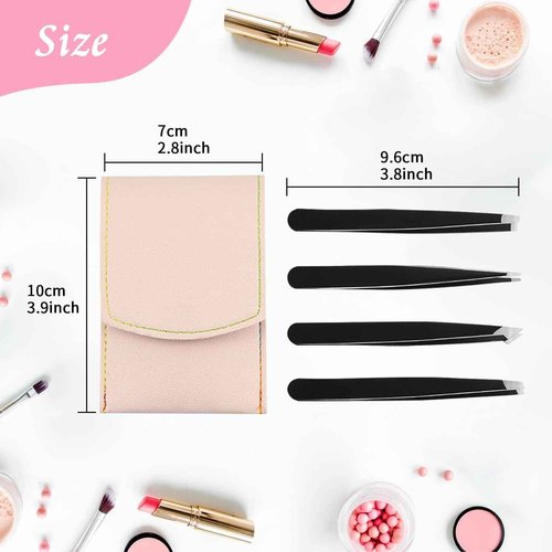 LuckyOpt 4pcs Precision Tweezers Set, 430 Stainless Steel Tweezers with PU Leather Storage Bag, Slant Flat Eye Brow Tweezers for Women Facial Hair, Eyelash Extension, Eyebrow Plucker (Pink)