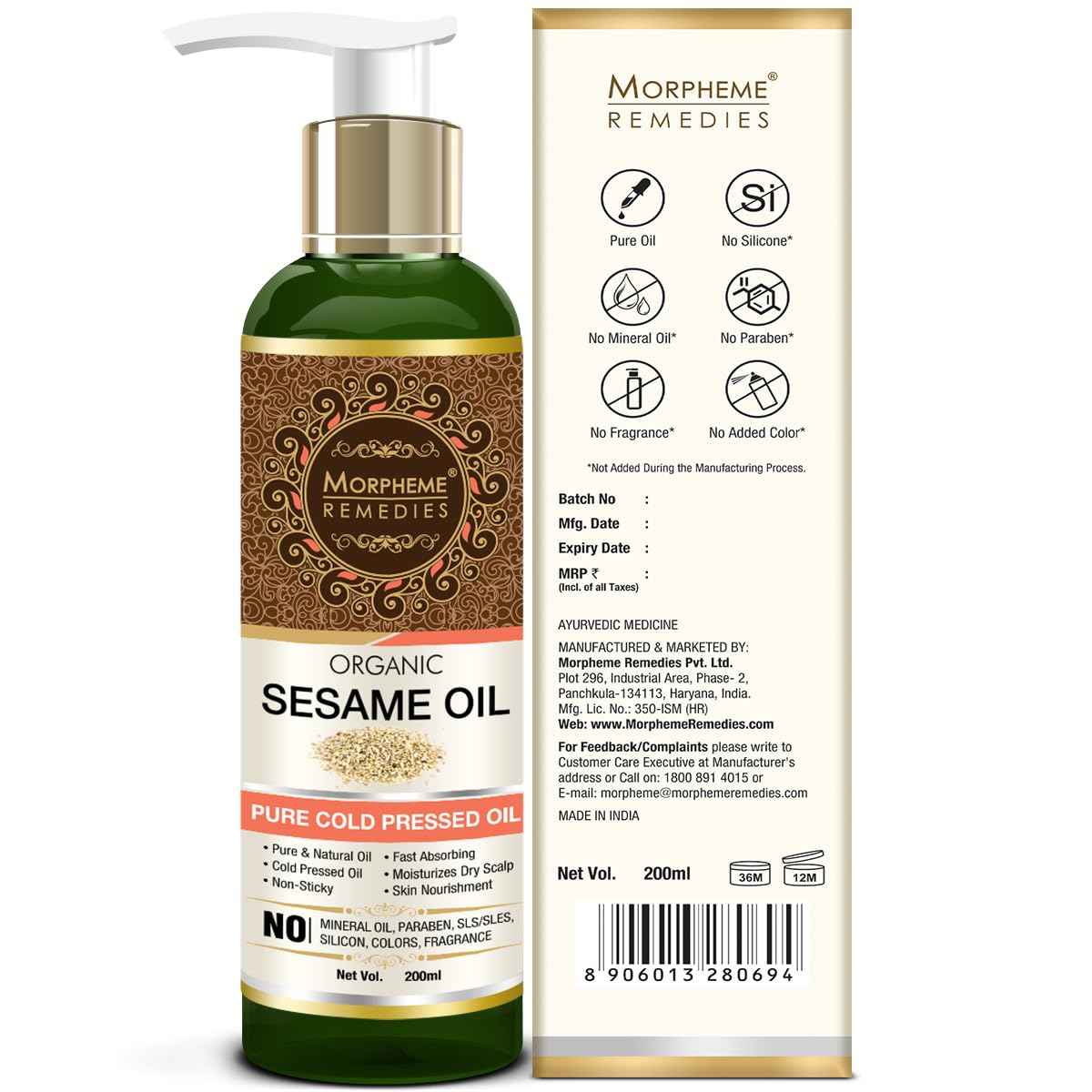 Morpheme Remedies Organic Sesame Pure ColdPressed Oil For Hair, Body, Skin Care, Massage, 200 ml