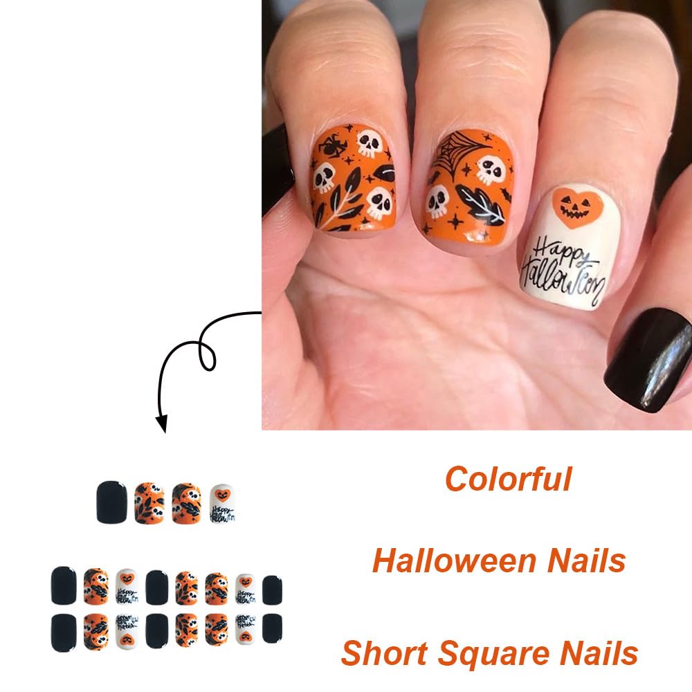 Halloween Press on Nails Short Square Fake Nails Skull Head Leaves Glue on Nails Spider Web False Nails with Spider Letter Designs Acrylic Cute Halloween Nails Full Cover Stick on Nails for Women