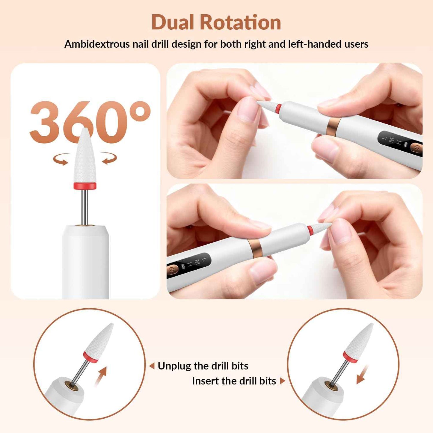 Cordless Rechargeable Nail Drill Kit, 12 Professional Bits & 36 Sanding Bands, 30000RPM Electric Nail Drill Machine, Dual Rotation Ambidextrous Electric Nail File for Acrylic, Gel & Natural Nails