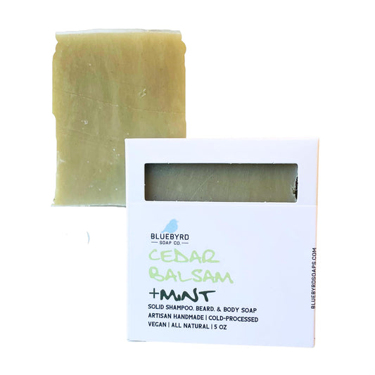 Bluebyrd Soap Co. Cedar Balsam + Mint Solid Shampoo & Body Wash Soap Bar | 100% All Natural Multi-Purpose Bars -Refreshing Menthol Scent | Pure Essential Oil, Vegan, Organic (Cedar Mint)