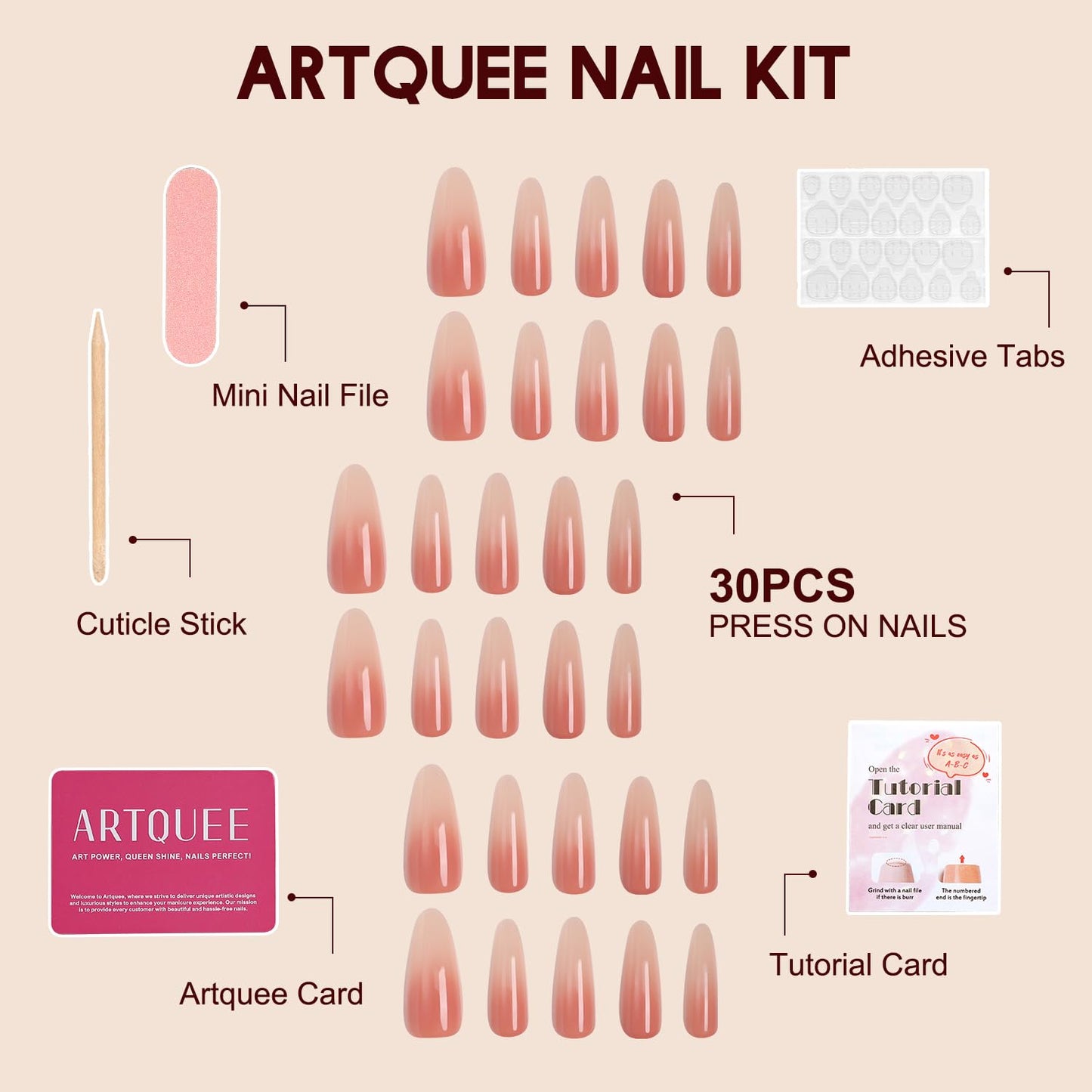 Artquee Ombre Nude Pink Stiletto Press on Nails Extra Long Almond Fake Nails Glossy False Nails Art Artificial Reusable Stick on Nails - 30 Nail Kit