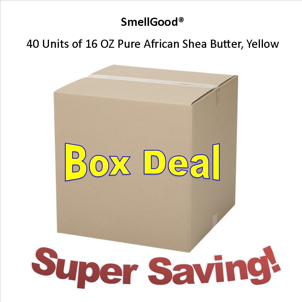 SmellGood - Pure Unrefined Shea Butter, totally natural and organic, yellow color, packed in 16 oz Jar, 40 Units Box Deal