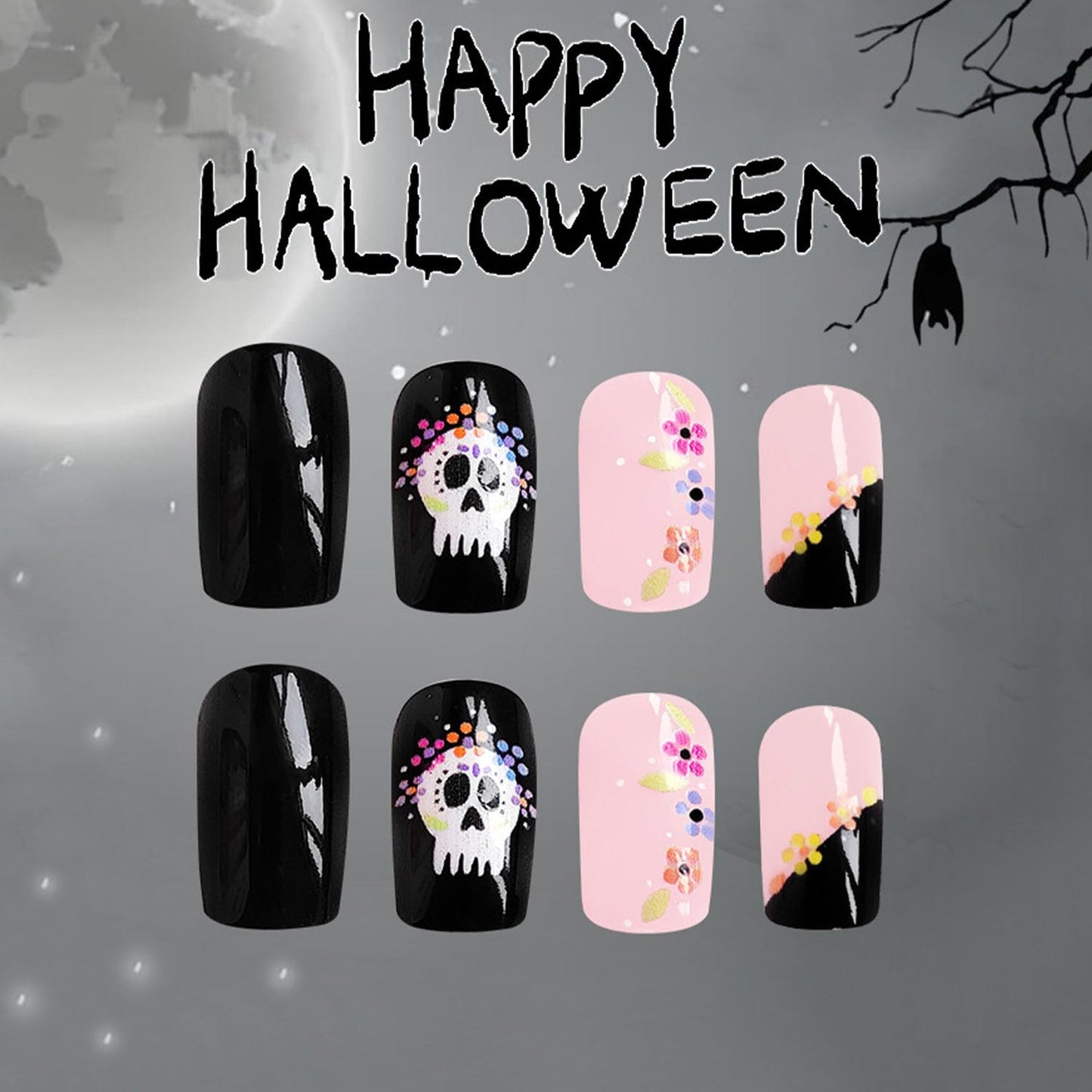 Halloween Press on Nails Medium Square Fake Nails Skull Acrylic Nails Black French Full Cover Nails Press ons Flowers Artificial Cute Halloween False Nails for Women Girl 24 Pcs