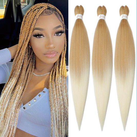 Pre stretched Braiding Hair 26 Inch Braiding Hair Extensions Hot Water Setting Synthetic Hair Pre Stretched Crochet Braids Hair(26 Inch,3 Packs,27/613#