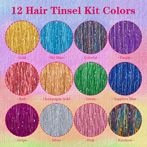 Hair Tinsel kit Fairy Hair Tinsel Kit 47 Inch Hair Extensions Hair Tinsel Kit Strands with Tool 12 Colors 2280 Strands Sparkling Glitter Fairy Hair Tinsel (12 Colors)