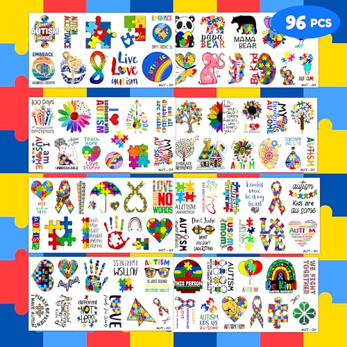 96 PCS Autism Awareness Temporary Tattoos - Waterproof