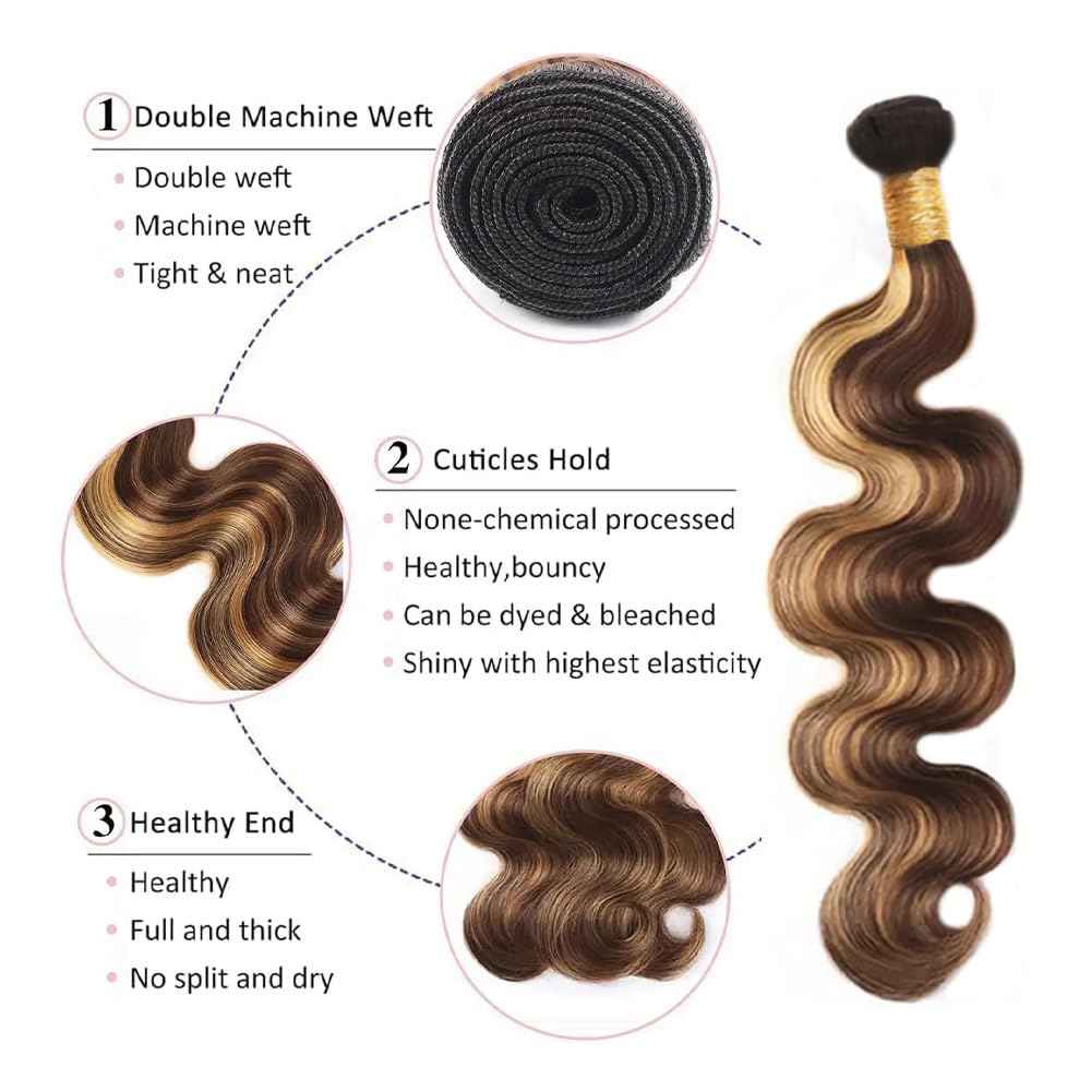Honey Blonde Bundles Human Hair Ombre Body Wave Bundles Highlight Brown Bundle 18 20 22 Inch Brazilian Unprocessed Virgin Remy Hair Extensions 300g