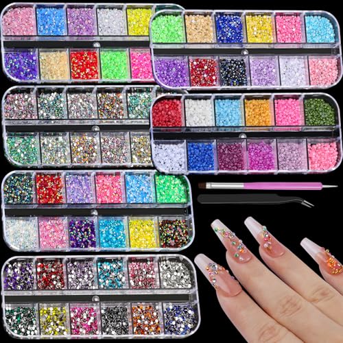 18000pcs Nail Rhinestones and Pearls for Nail Art, 2mm Resin AB Transparent Jelly Rhinestones Crystal Nail Gems Multicolor Flatback Pearls with Tweezers & Pickup Tools for Women Nails Design Craft DIY