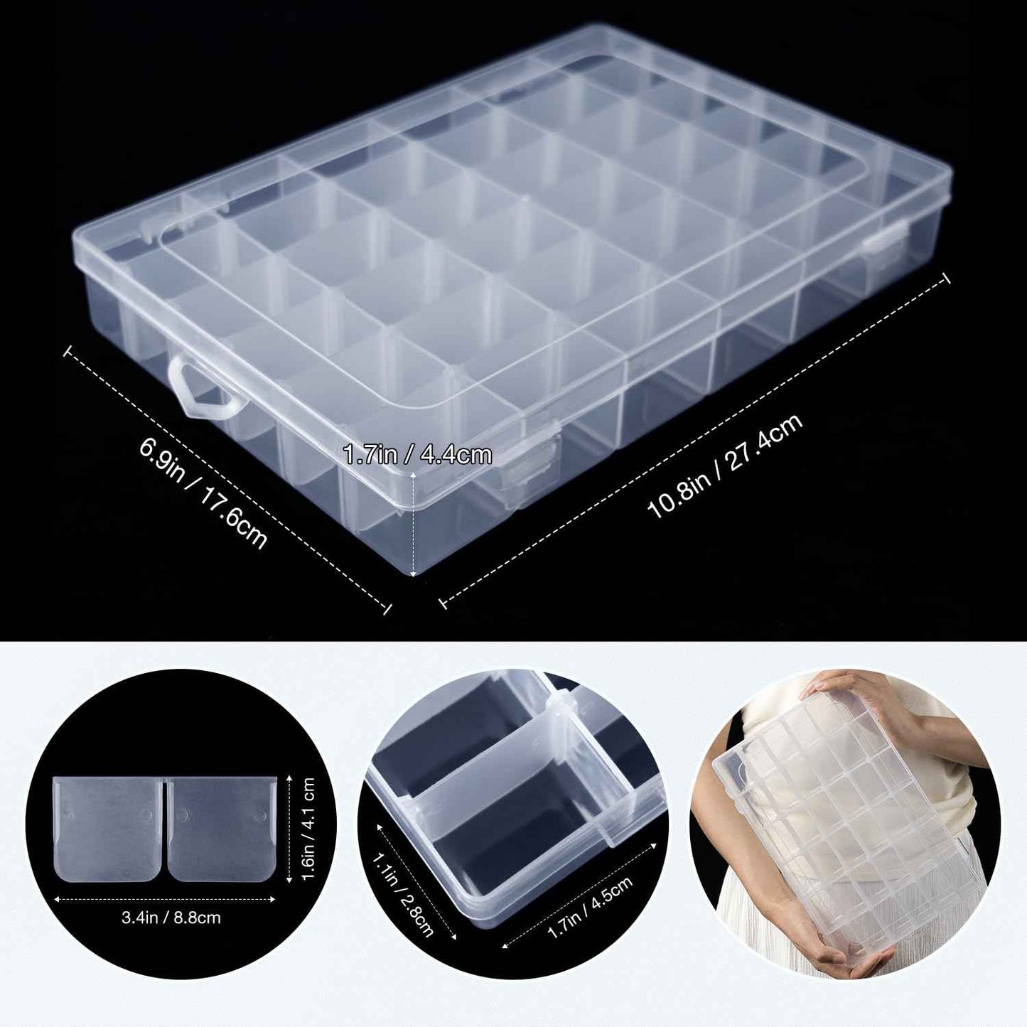 Benbilry 2 Pack 36 Grids Clear Storage Containers Plastic Organizer Box Craft Storage Boxes with Adjustable Dividers for Beads Organizer Art DIY Fishing Tackles Jewelry Crafts