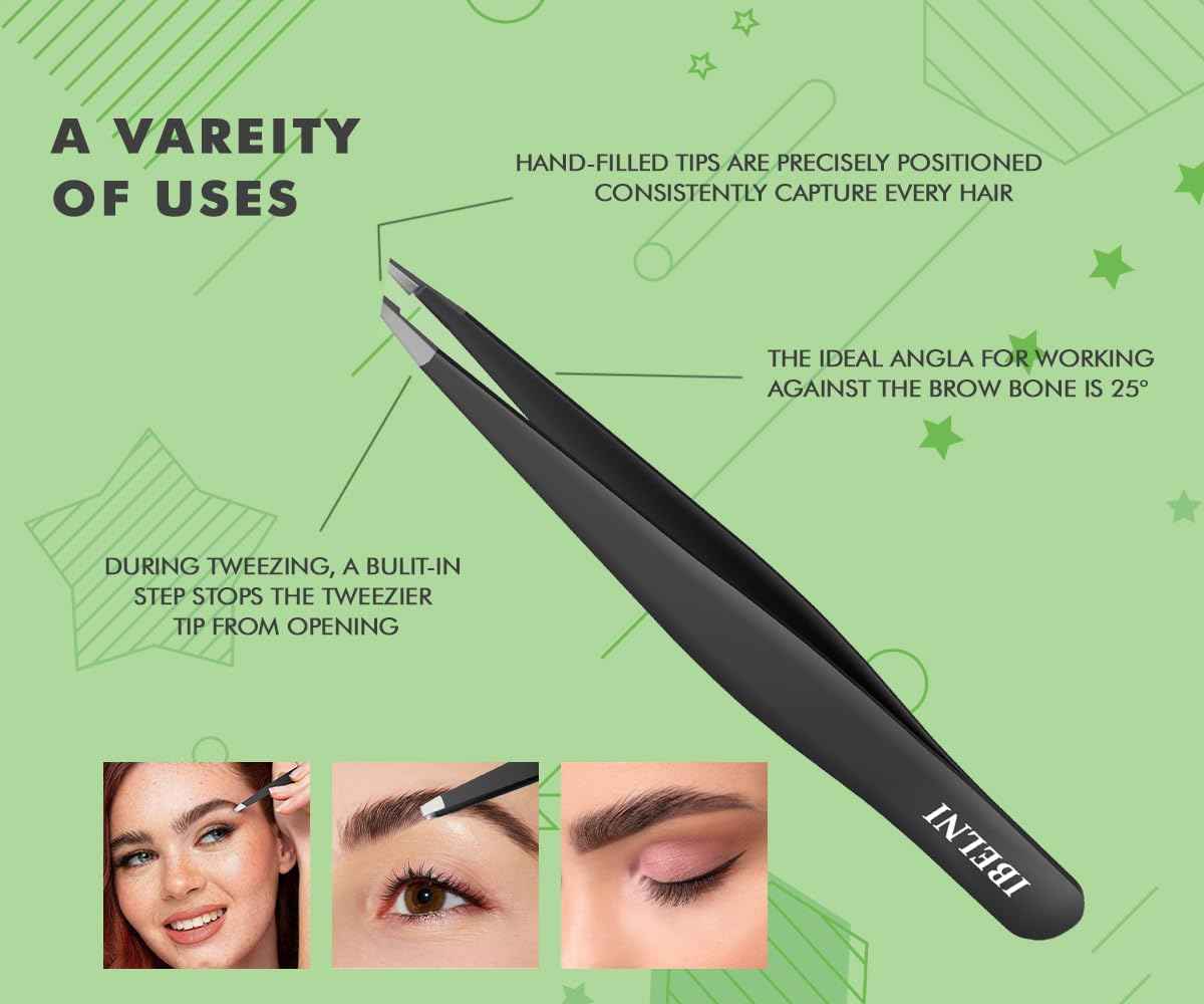 Tweezers Set with Mirror Case - Tweezers for Women facial hair-Professional Twizzers Facial Hair Tweezers for Eyebrows- Stainless Steel Tweezer kit with mirror compact (Black)