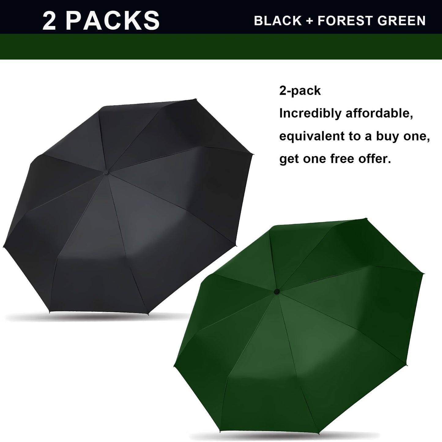 SIEPASA Two Packs Auto Open & Close Small Travel Umbrella Compact for Backpack-Umbrellas for Rain, Lightweight Strong Mini Portable Umbrellas for Men and Women. (Black & Green, 2 Pack)