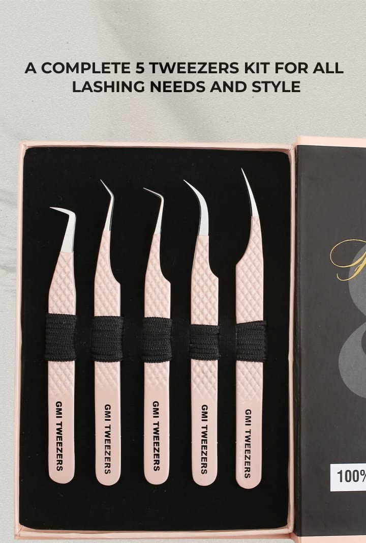 GMI TWEEZERS GMI Lash Tweezers - Set of 5 Eyelash Tweezers- Stainless Steel Eyelash Extension Tweezers - Multipurpose Lash Tweezers T2233 Tweezer