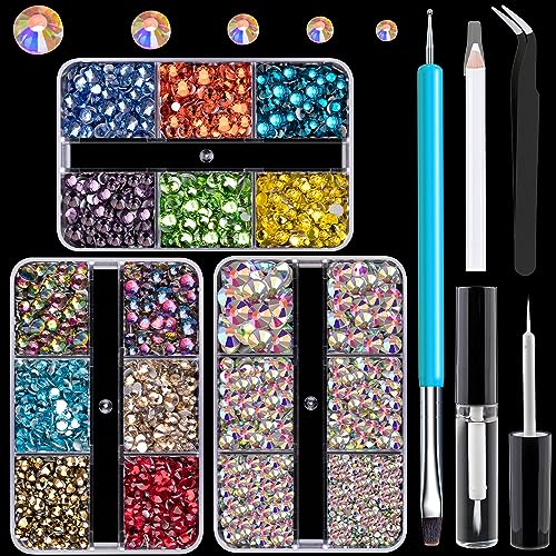 Colorful Face Gems for Makeup Set, Flatback Gorgeous AB Glass Gems+Mixed-Colored Crystals with Picker Pencil, Makeup Glue, Dual-End Dotting Tool, Tweezer for Eye Body Hair Make-up and Nail Art Deco