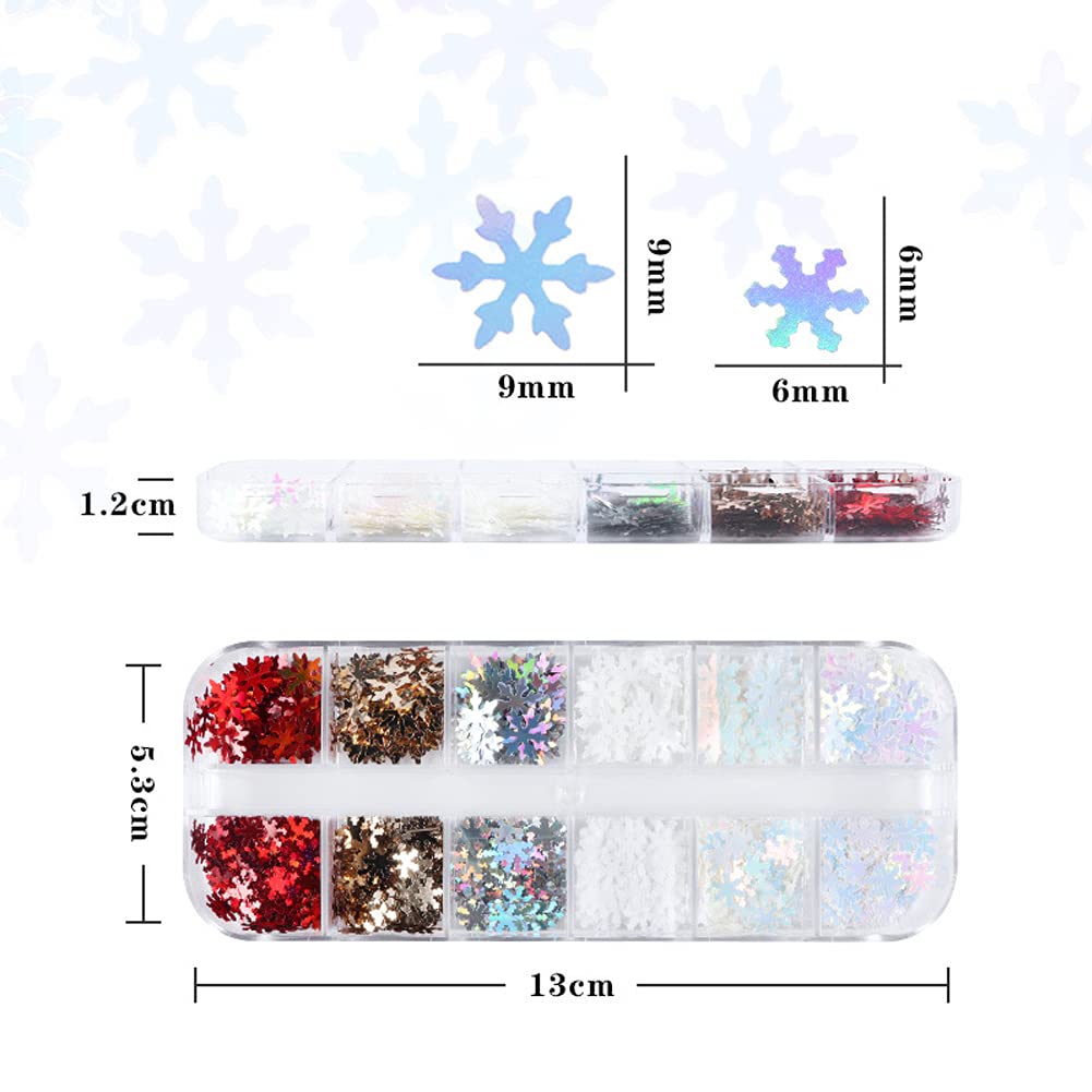 Holographic Snowflake Nail Sequins,3D Snow Flakes Laser Nail Glitter Snowflake Sticker Decals for Acrylic Nails Decorations DIY Christmas Snow Winter Accessories Decals for Women (1 box/12 Grids)