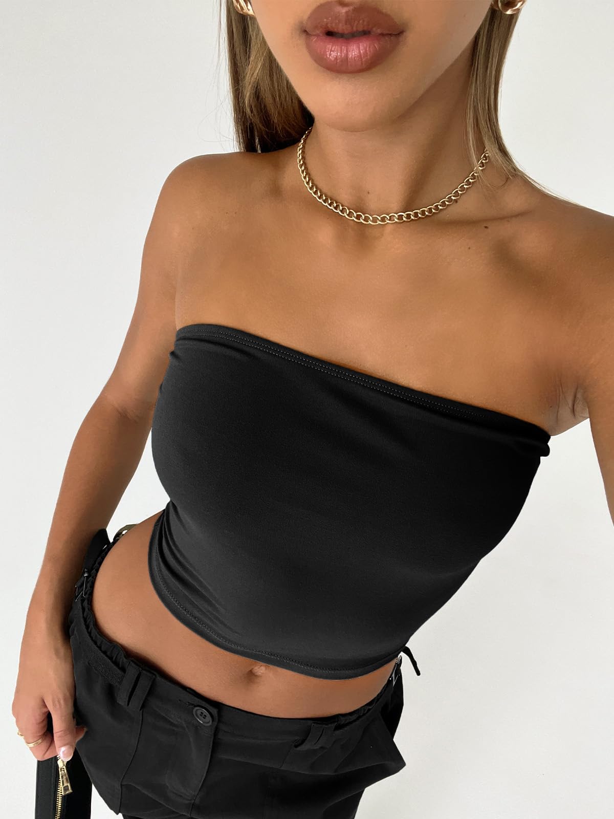 Trendy Queen Crop Tops for Women Bandeau Corset Strapless Summer Vacation Outfits 2024 Sexy Tube Going Out Tops Basic Backless Cute Sleeveless Slim Fit Teen Girls Clothing Black