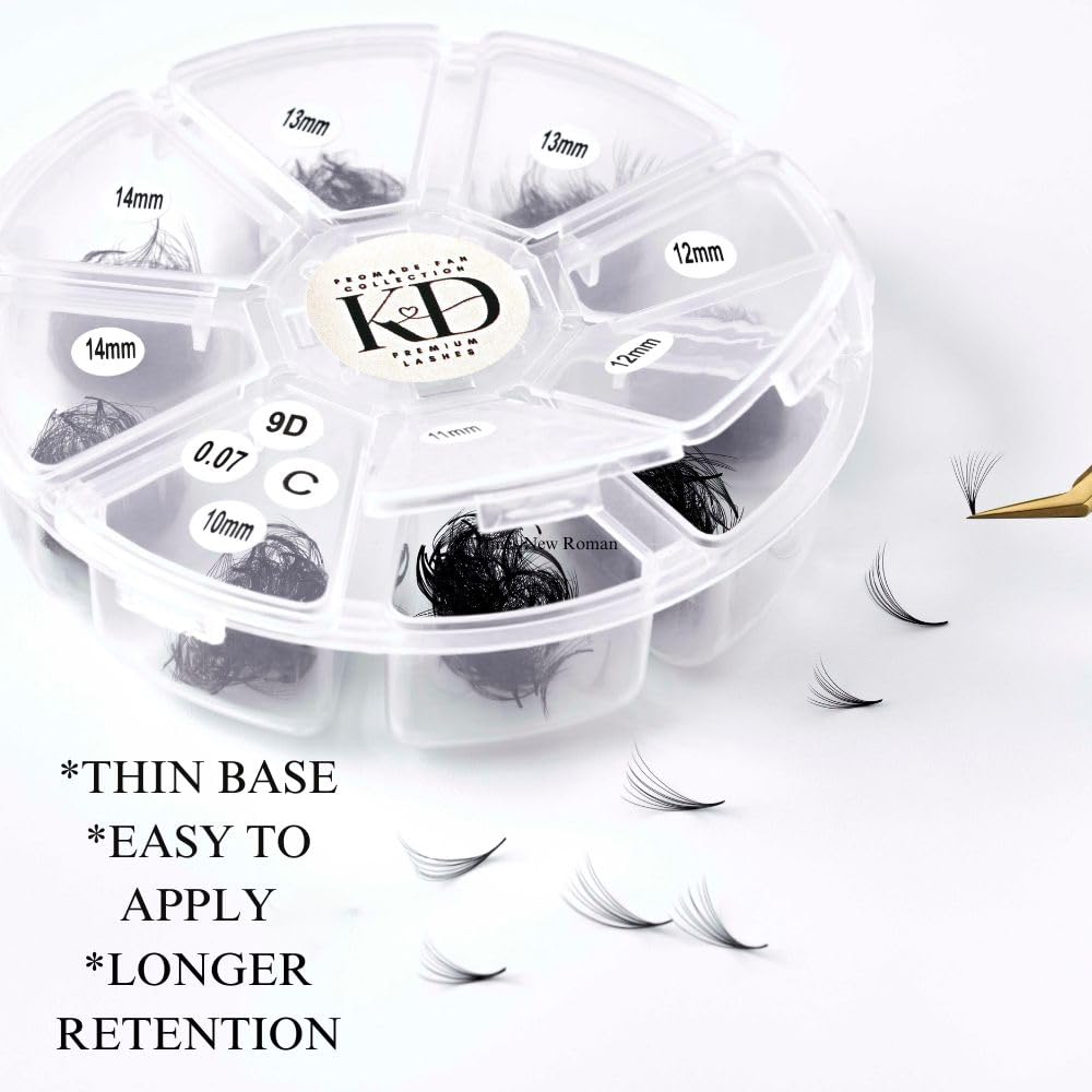 1000 Promade Fan Mix Tray | 3D,4D,5D,9D,12D | 0.05/0.07 Thickness| Size 9-14mm Mix Length C,D Curl Mutiple Options,Handmade Loose Promade Lash Fans Extensions. (MIX 10MM- 14MM, 4D-0.07-C)