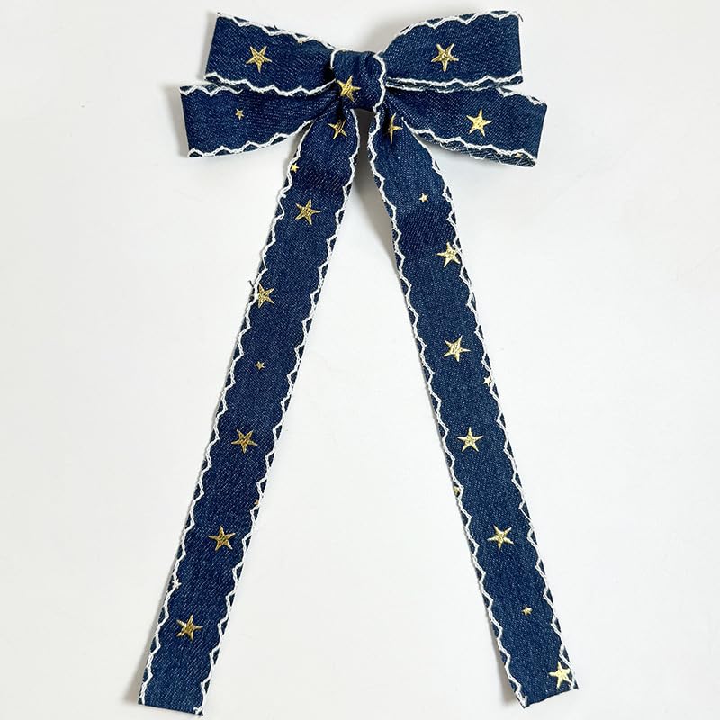 Blue Denim Hair Clip Pin Bow Girls Blue Jeans HairClip Girls Large Bows HairPin BW01 (Set J)