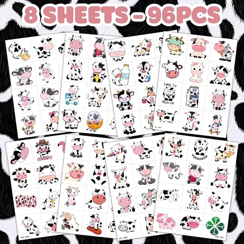 96 PCS Highland Cow Temporary Tattoos for Kids