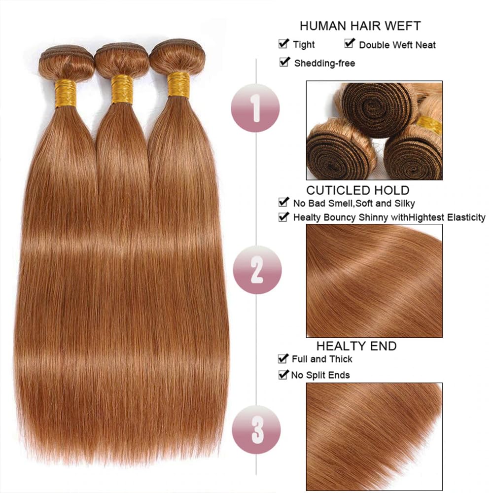 Color 30 Bundles Human Hair Brown Straight Bundles Human Hair 8 10 12 inch Brazilian Virgin Remy Hair Extensions Double Weft Light Brown Bundles Human Hair Color 30 Straight Human Hair Bundles