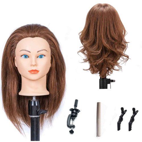 100% Human Hair Mannequin Head - Styling Training Head for Cosmetology & Hairdressing, Free Clamp (16-18, Brown)