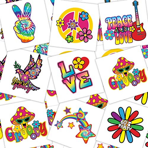 Chinco 144 Pcs Hippie Temporary Tattoo Stickers 70s 80s 90s Party Favor Groovy Hippie Tattoos Waterproof Hippie Face Tattoos Love and Peace Sign Temporary Tattoos Decals for Tie Dye Hippie Party Favor