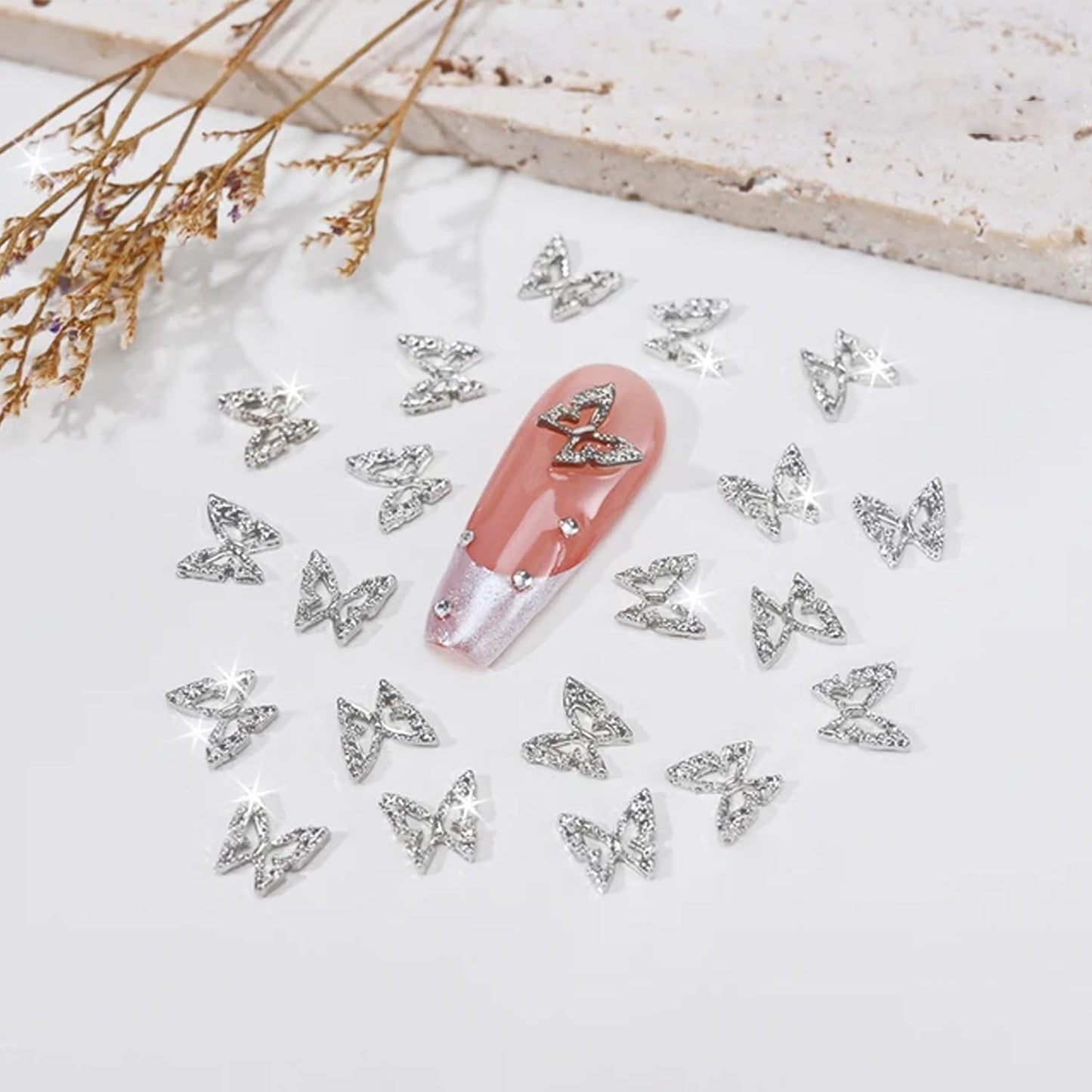 WOKOTO 200pcs Gold and Silver Butterfly Nail Charms for Acrylic Nails Hollow Butterfly Jewelrys 3D Nail Charms for Acrylic Nails Art 3D Butterfly Charms Gold Silver Nail Studs for Nails Designs