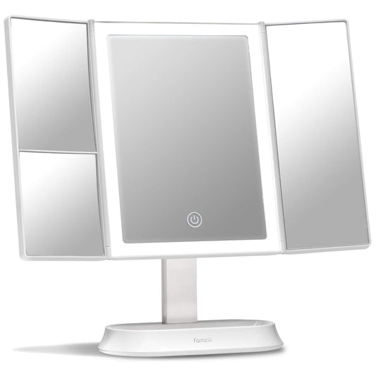 Fancii Makeup Mirror with Natural LED Lights, Lighted Trifold Vanity Mirror with 5X & 7X Magnifications - 40 Dimmable Lights, Touch Screen, Cosmetic Stand - Sora (White)